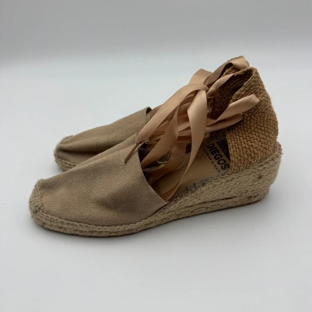 Diegos Classic Low Wedge Linen Lola Espadrilles Tan Lace Up Spain Womens 39